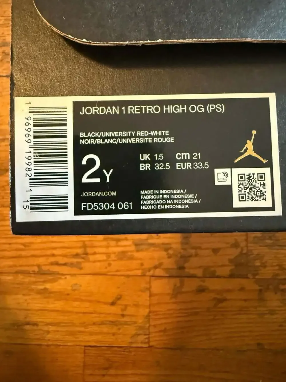 Jordan 1 Retro High OG (PS) Black/University Red-White Size 2Y Satin